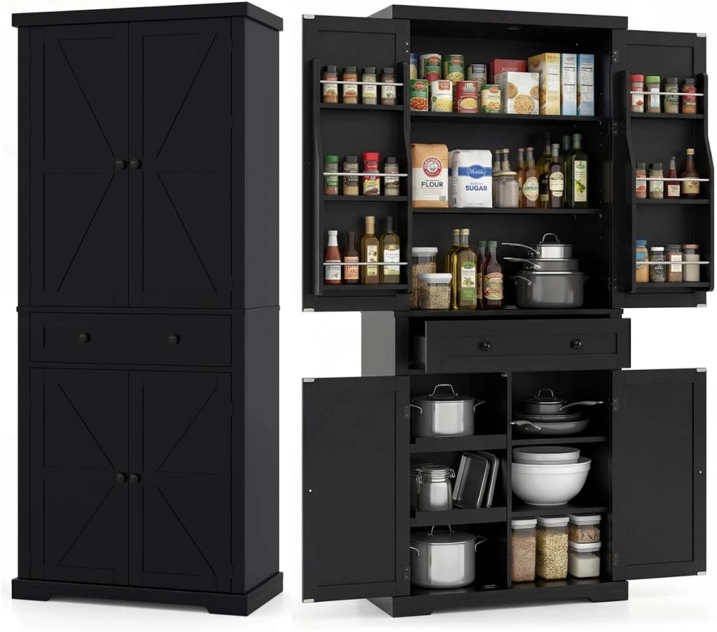 Credenza Alta da Cucina con Ripiano Regolabile, Mobile Buffet con Cassetto, Vassoi Scorrevoli e Ante, Armadio Dispensa per Soggiorno, Sala da Pranzo, 77 x 40 x 184 cm (In 2 Scatole) (Nero)
