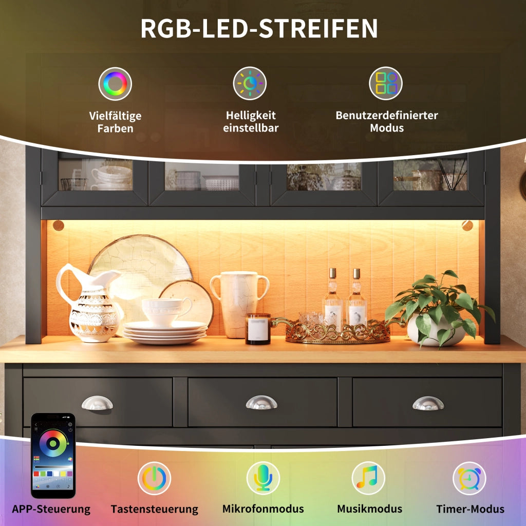ARMADIO ALTO 140x40x180 cm Nero in MDF con LED RGB, anta in acrilico