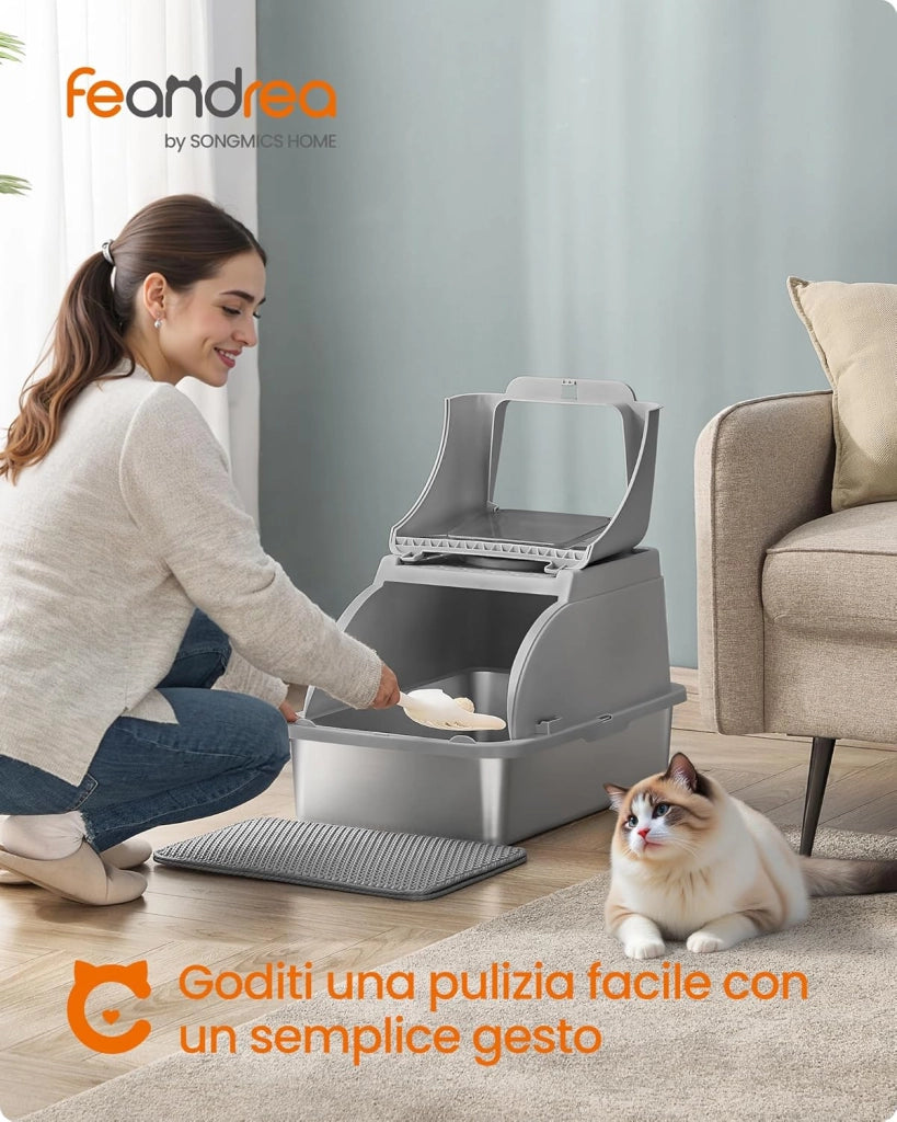 Feandrea Lettiera per Gatti in Acciaio Inossidabile con Coperchio Ribaltabile, Lettiera Chiusa XL Anti Perdite, Paletta, Spazzola, Doppio Ingresso, per Gatti fino a 15 kg, Grigio Tortora PPT005G01