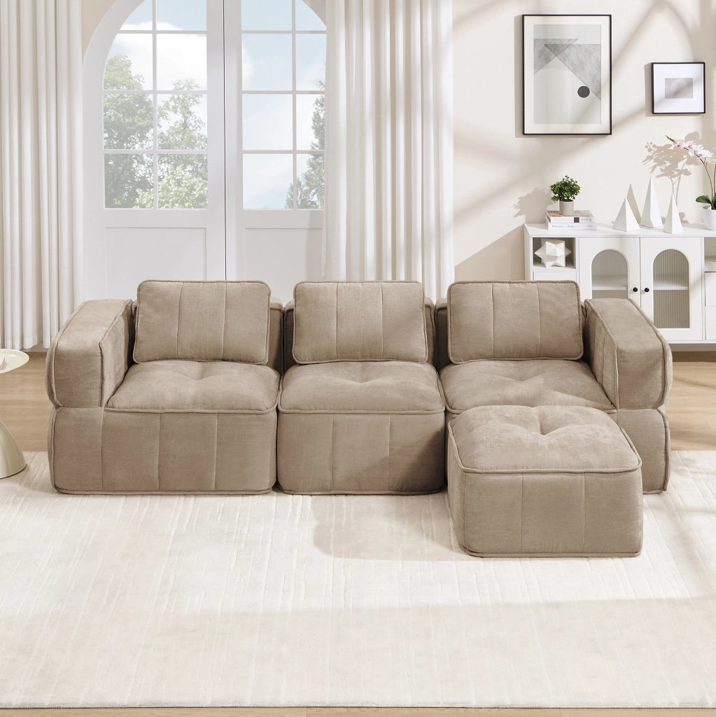 Divano modulare angolare 3 posti con pouf 271x162x67 cm in poliestere color sabbia