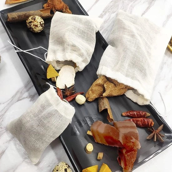 Set di sacchetti per la raccolta dei rifiuti 50 pezzi - Sacchetti di cotone con corda - Sacchetti di mussola riutilizzabili - 10 x 15 cm - Leggeri e ecocompatibili - Adatti per caffè/tè/ spezie