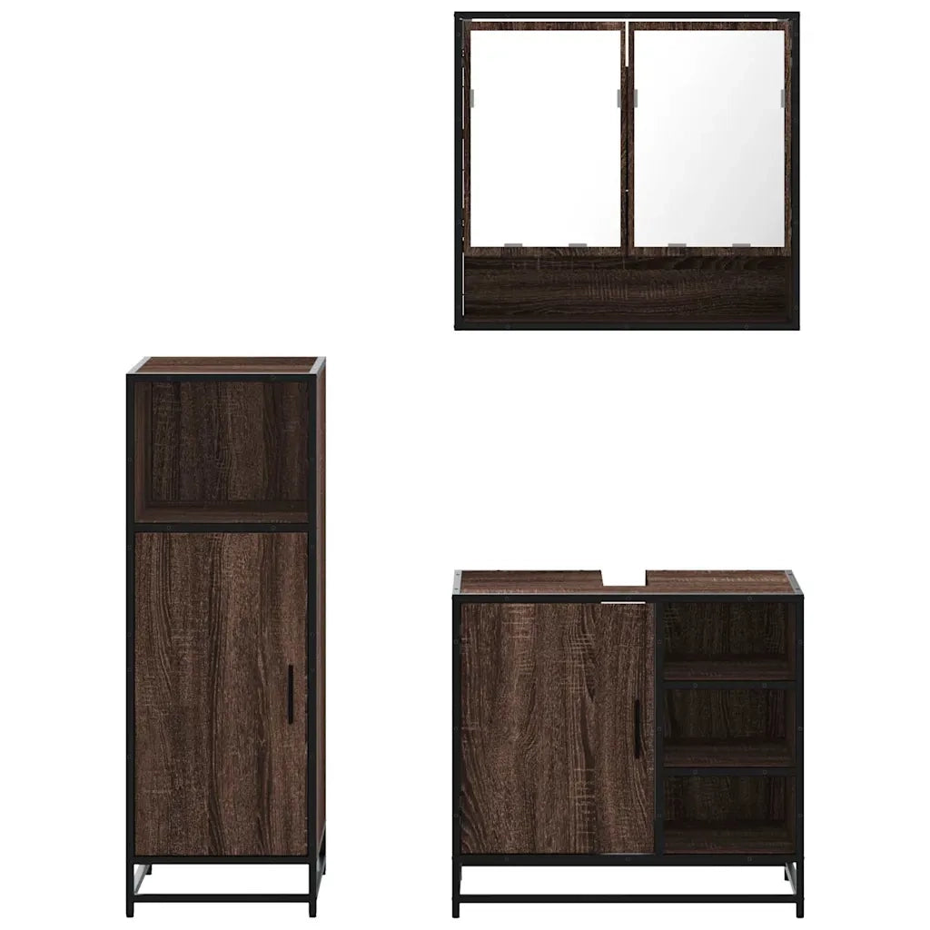 Set Mobili da Bagno 3 pz Rovere Marrone in Legno Multistrato