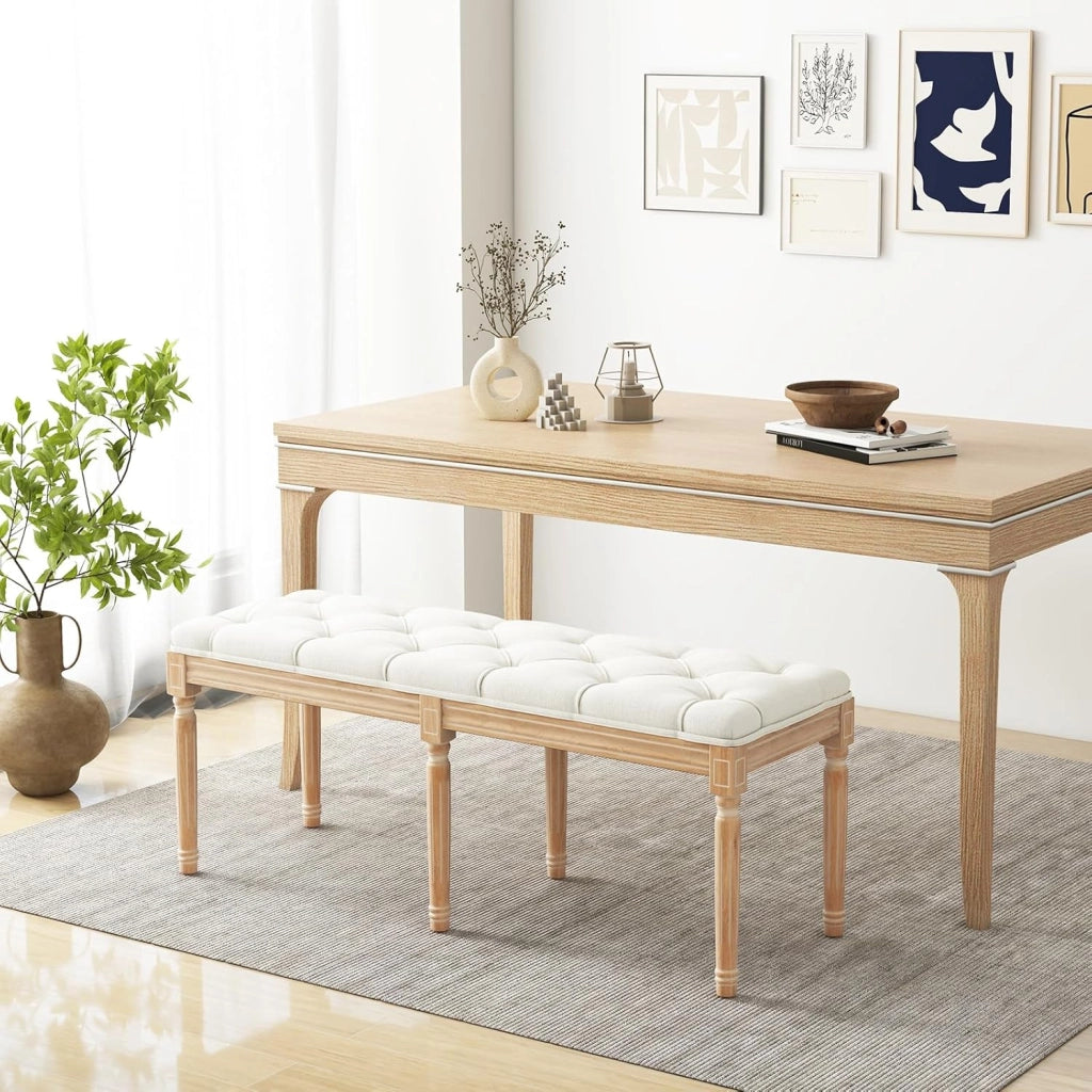 Panca d'Ingresso Vintage Francese, Panca da Pranzo Imbottita da 120 cm con Gambe in Legno di Gomma Massiccio, Sedia Pouf Capitonné a Fine Letto per Ingresso, Soggiorno e Camera da Letto