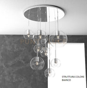 SOSP. BIANCO TONDA 8 LUCI VETRI (1 GRANDE+2 MEDIO +5 PICCOLO) TUTTI TRASPARENTI 1155BI-S8 TMIX-TR