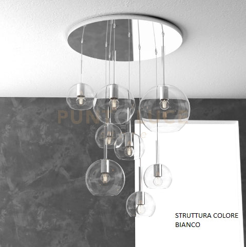 SOSP. BIANCO TONDA 8 LUCI VETRI (1 GRANDE+2 MEDIO +5 PICCOLO) TUTTI TRASPARENTI 1155BI-S8 TMIX-TR