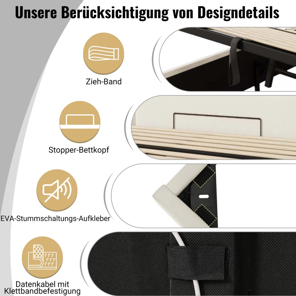 LETTO Contenitore 180x200 cm PU Bianco con LED e ricarica USB-C