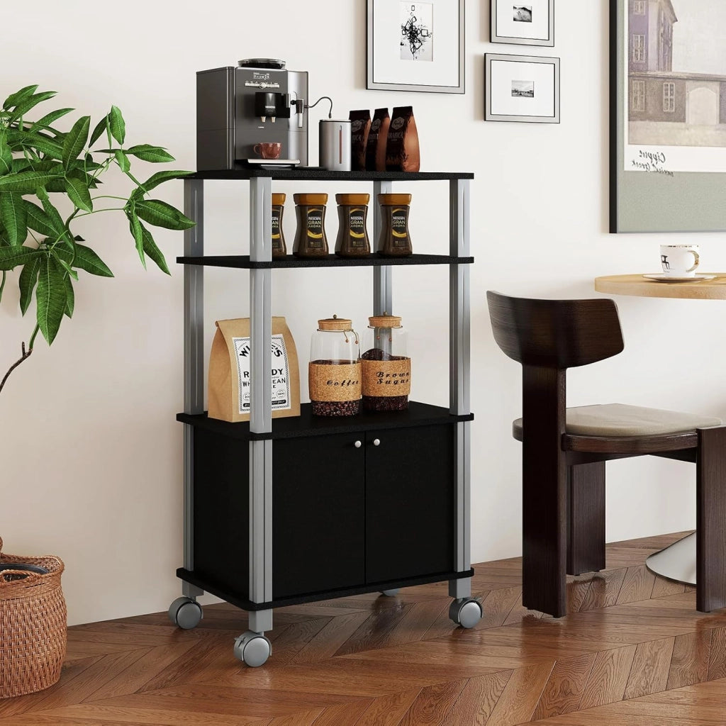 Carrello da Cucina a 3 Livelli per Microonde, Carrello Portaoggetti con Ruote e Armadio con Porta, Carrello di Servizio in Legno, Organizer per Sala da Pranzo, 60 x 40 x 98 cm (Nero)