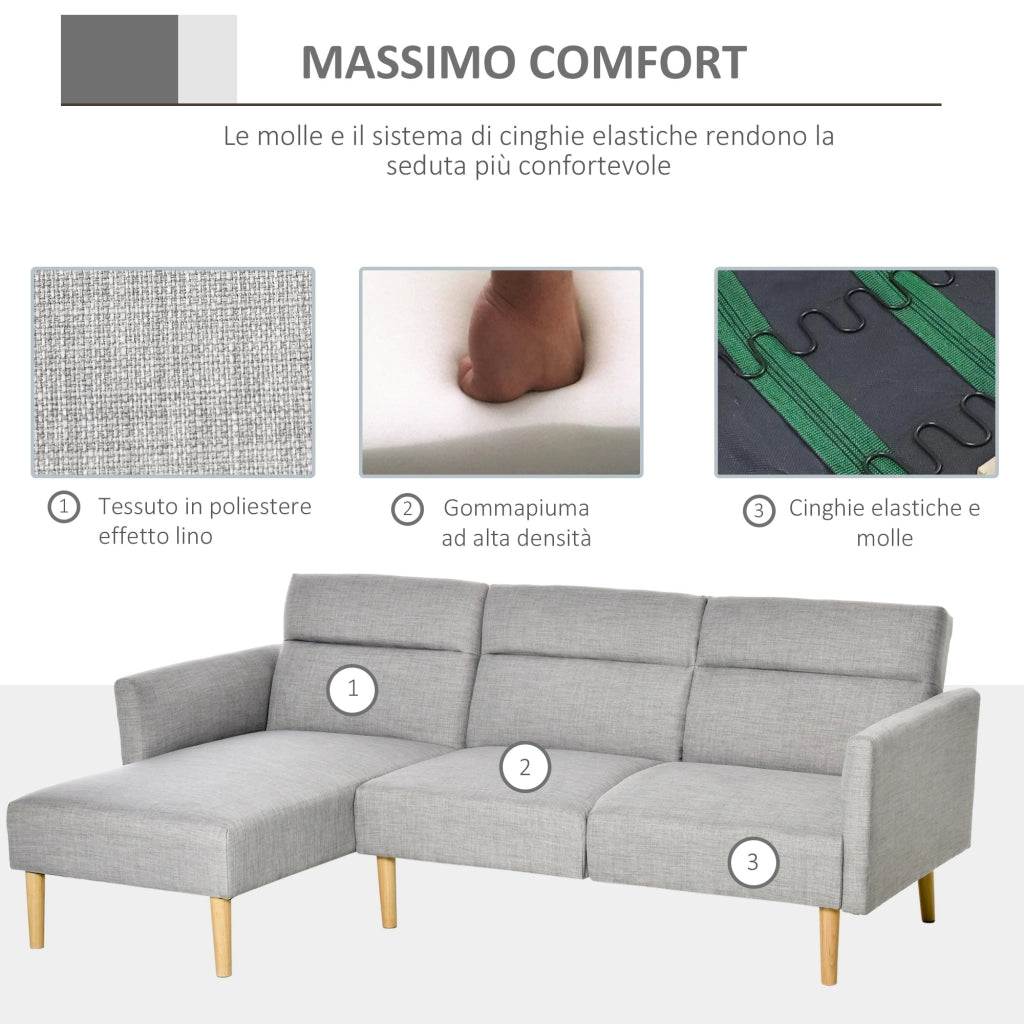 EasyComfort Divano Letto 3 Posti, Divano Angolare in Tessuto Grigio con Schienale Regolabile, Stile Scandinavo, 207x146x80cm