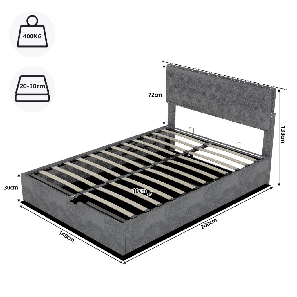 Letto Contenitore Imbottito ¨C MINIMAL ¨C Grigio 140x200 con Testiera, Doghe e Sollevamento Idraulico