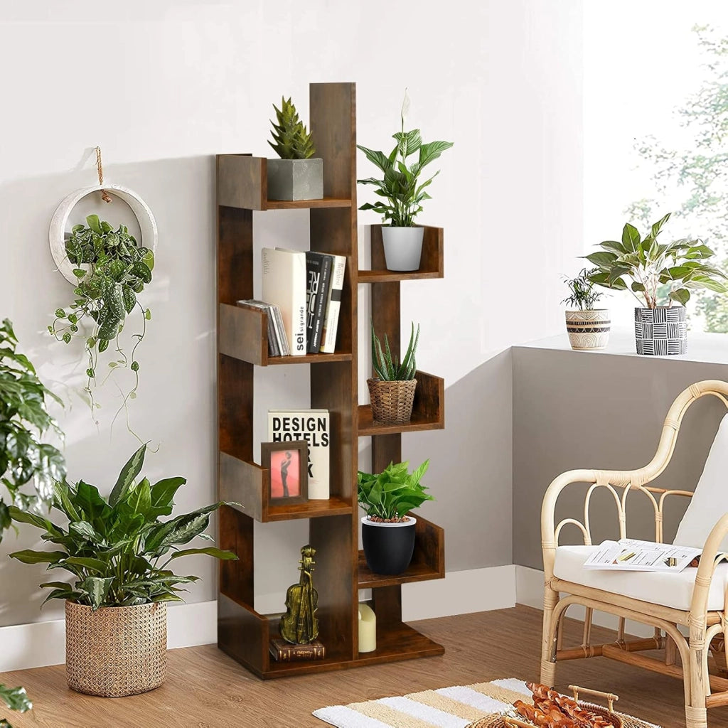 Scaffale Libreria a Albero, a 8 Livelli, Ideale per Soggiorno, Studio e Ufficio, Stile Moderno, Nero/Bianco/Marrone, 50x24,5x145 cm (Marrone)