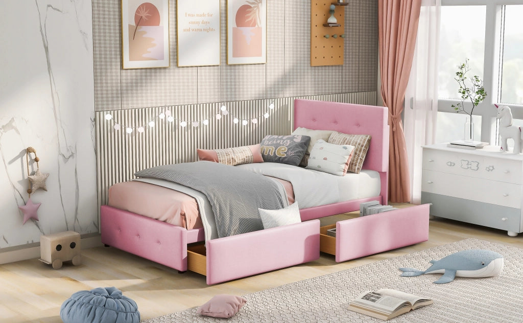 Letto imbottito 90x200 - Xylo - Beige, con cassetti