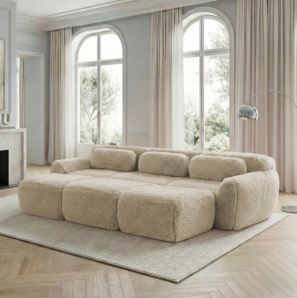 Divano modulare 3 posti con 3 pouf 291x179x73 cm in tessuto peluche; light khaki