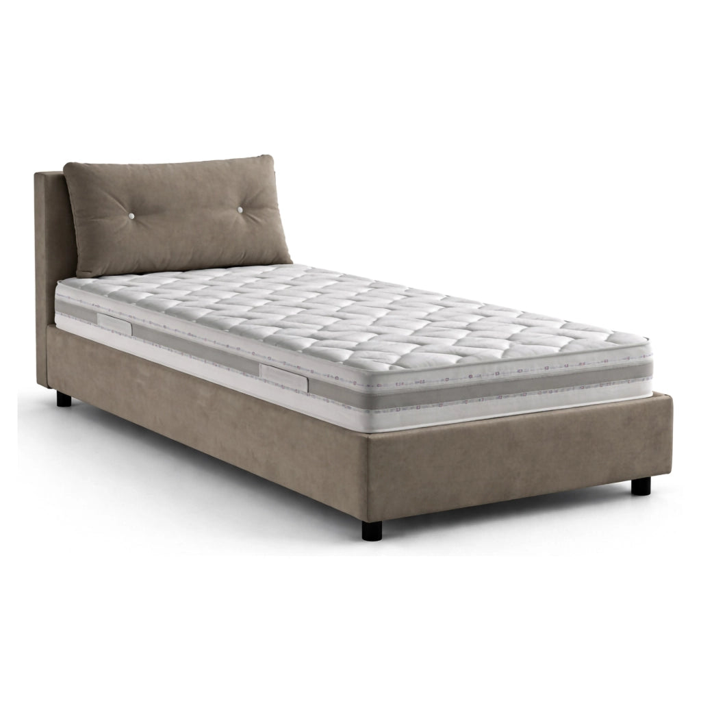 Letto singolo Sabazia, Letto contenitore con rivestimento in tessuto, Made in Italy, Apertura frontale, con materasso cm 80x190 incluso, Tortora