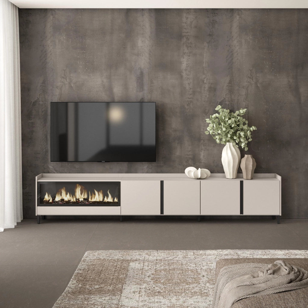Mobile TV Soggiorno, 315x61x35 cm, Per TV fino a 80", Camino elettrico XXL, Design industriale, Beige