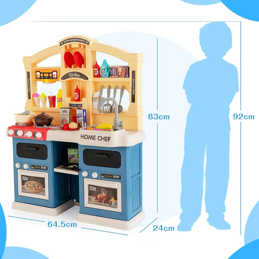 Cucina Giocattolo per Bambini, Cucina per Bambini con Forno, Microonde, Lavello e Rubinetto, Funzione Luci e Suoni, Vapore e Ebollizione, 69 Accessori, per Bambini 3+ Anni (Blu)