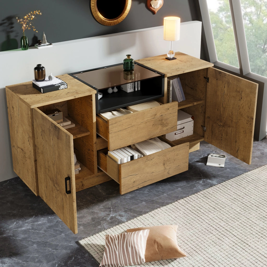 Credenza con 2 Ante; 2 Cassetti e 1 Vano Aperto; Ripiani Regolabili; per Soggiorno in Legno; 140 × 40 × 70 cm; Rovere Chiaro