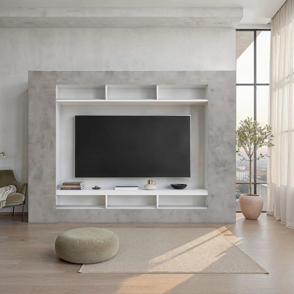 Mobile Soggiorno Sadali, Parete Attrezzata 7 Ripiani Made in Italy, 216x30.4x158.6h cm Grigio Cemento