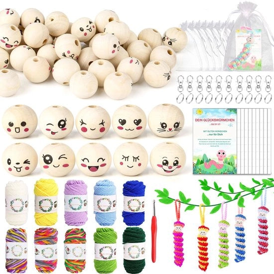 Pacchetto di Hobbistica 101 Pezzi - 50 Nodi in Legno con Viso - 10 Filo da Maglia Colorati - Ago da Maglia - Sacchetti di Organza - Chiavi e Carte di Buona Fortuna - Kit di Maglia