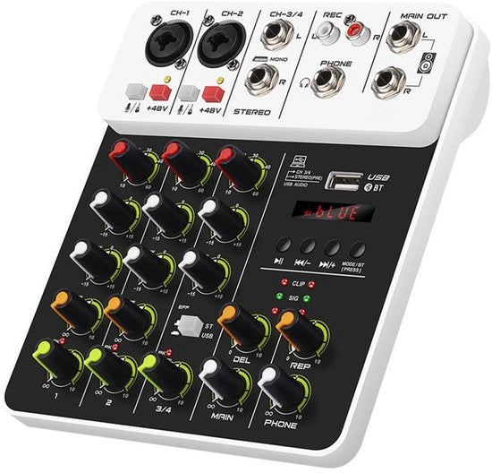 Mixer DJ con alimentazione fantasma 48V - correttore audio - mixer audio live - amplificatore cuffie - microfono laptop - leggero e compatto