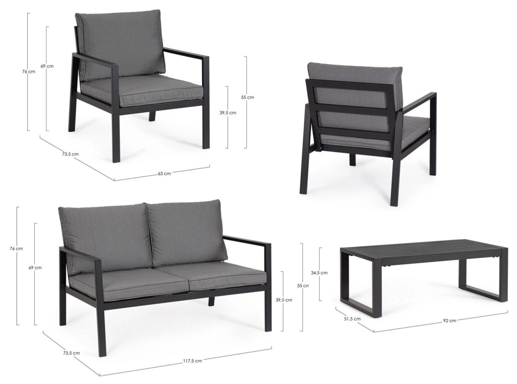 Set 4 Pezzi Salotto da Giardino con Divano 2 Poltrone e Tavolino in Alluminio e Spun Poly Hilde Antracite