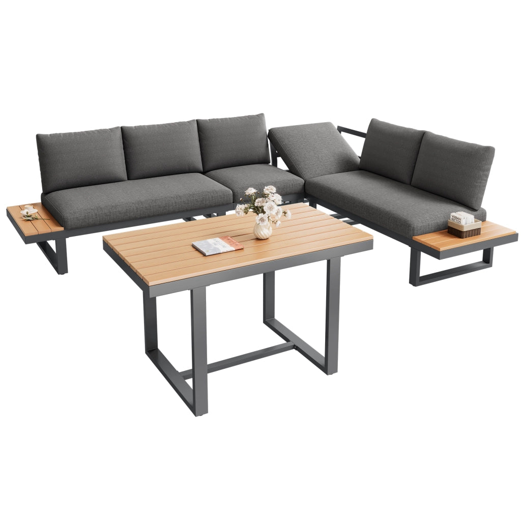Set da Giardino con Tavolo e Divano Angolare ¨C MINIMAL ¨C Polyrattan Grigio/Nero, Acciaio