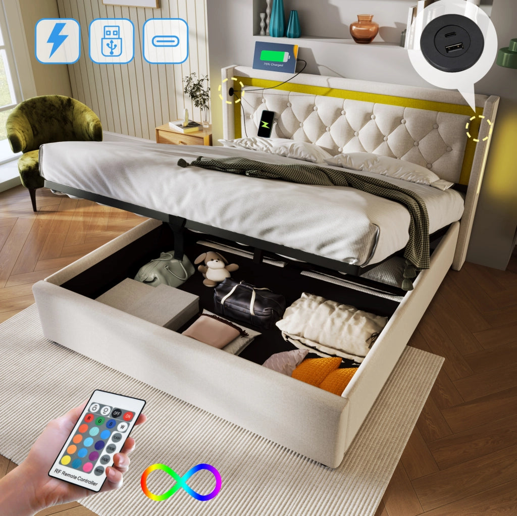 Letto contenitore 140x200 cm con LED, USB e USB-C, beige