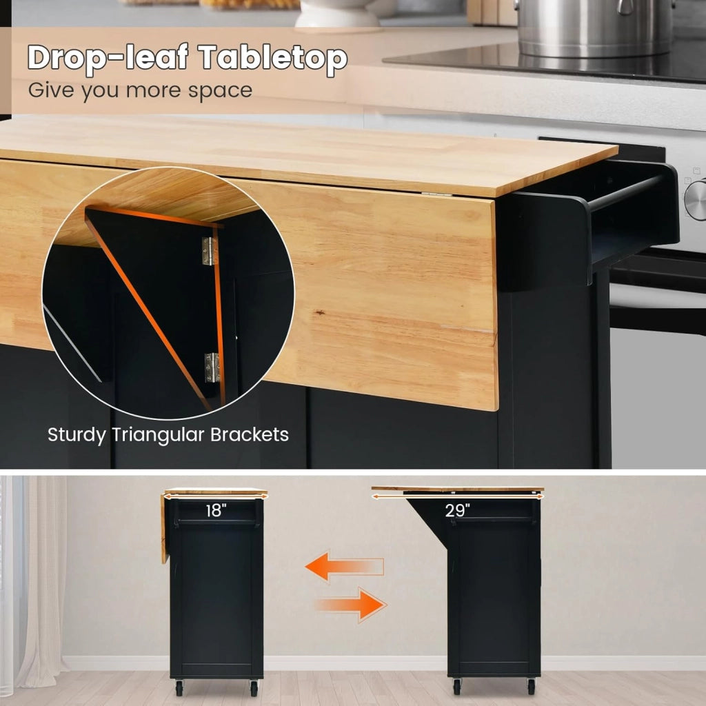 Carrello da Cucina con Ruote, Carrello di Servizio con 2 Armadietti a Anta, 1 Cassetto, 1 Portabottiglie, 1 Portasciugamani e 1 Portaspezie, Nero/Bianco (Nero)