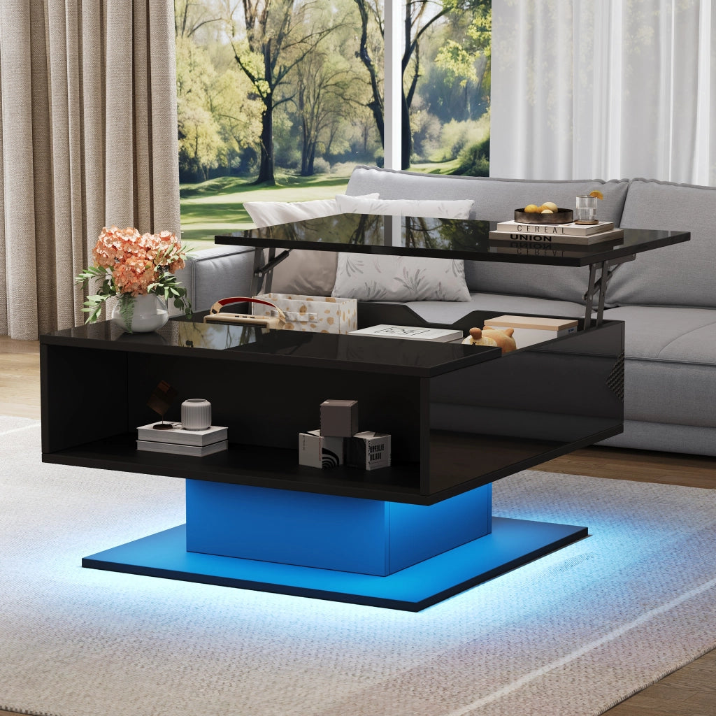 TAVOLO DA SALOTTO Alzabile 80x75x40 cm Nero con LED e vano portaoggetti
