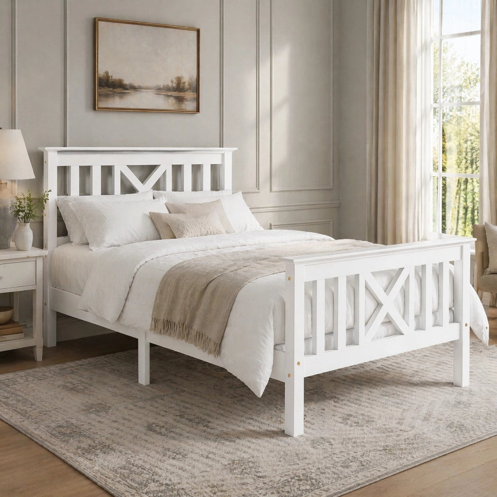 Letto singolo 90x200 cm in legno massello e MDF con testiera a X; bianco