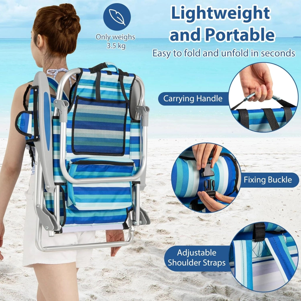 Sedia da spiaggia pieghevole, sedia da campeggio con schienale regolabile, poggiapolsi, tasche e braccioli, sdraio da esterno portatile per picnic, pesca (2)