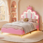 LETTO 90x200 cm Rosa in PU con LED, testiera a forma di nuvola e corona