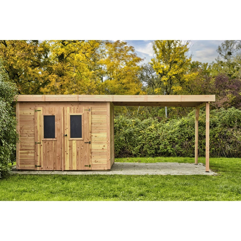 Casetta da giardino in legno 280x580 cm con legnaia – Spessore pareti 28 mm – Tetto piano in acciaio – DIN3030.02B Foresta
