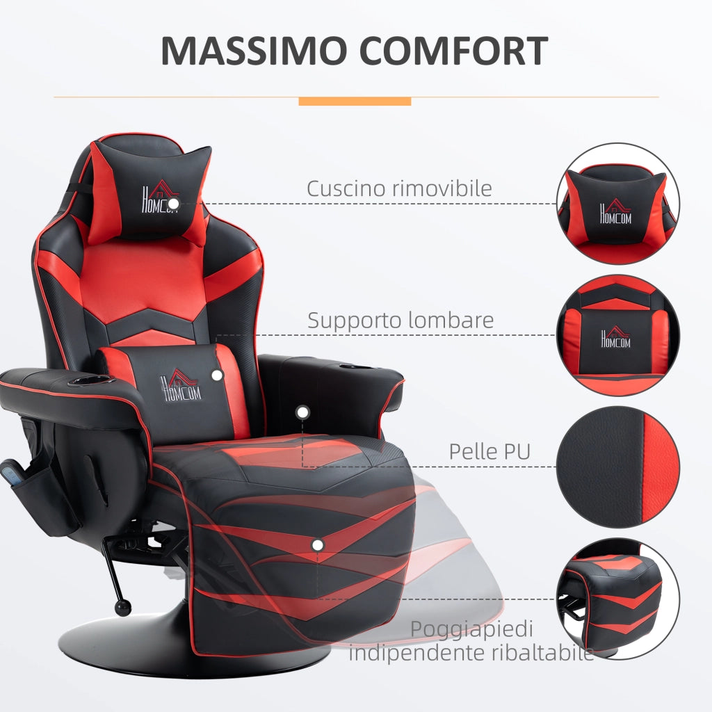 Sedia da Gaming Massaggiante con Poggiapiedi e Cuscino, in Finta Pelle, 78x80x111.5 cm, Nero e Rosso
