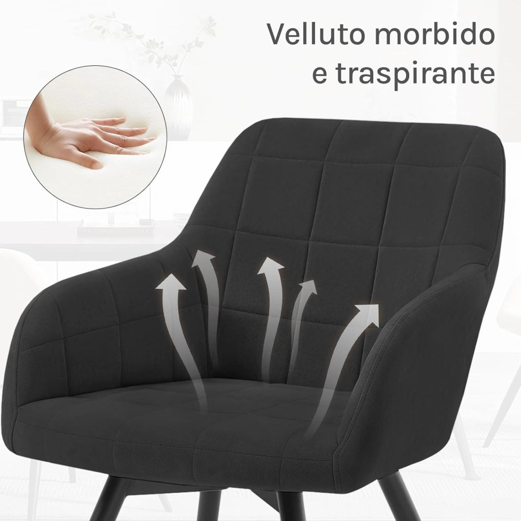 Sedia da Pranzo Girevole, Sedia da Cucina Ergonomica Imbottita in Velluto con Gambe in Metallo, Poltrona per Salotto, Ufficio, Camera da Letto, Balcone, Nero, EZS85sz-1