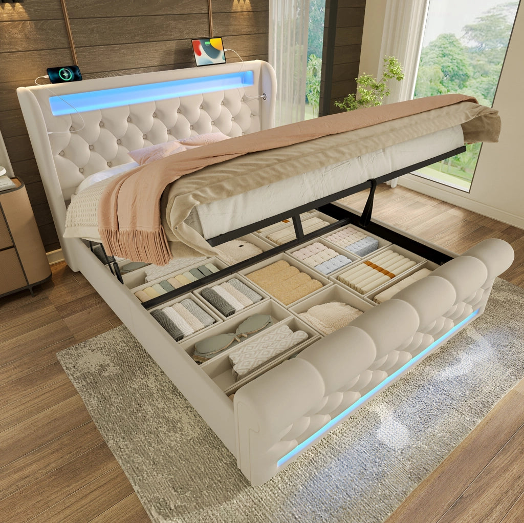 Letto matrimoniale imbottito 160x200 cm in velluto beige con LED; USB e Type-C