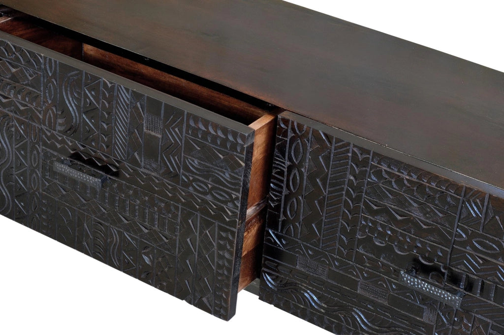 Credenza a 3 ante in massello di mango intagliato e piedi in metallo