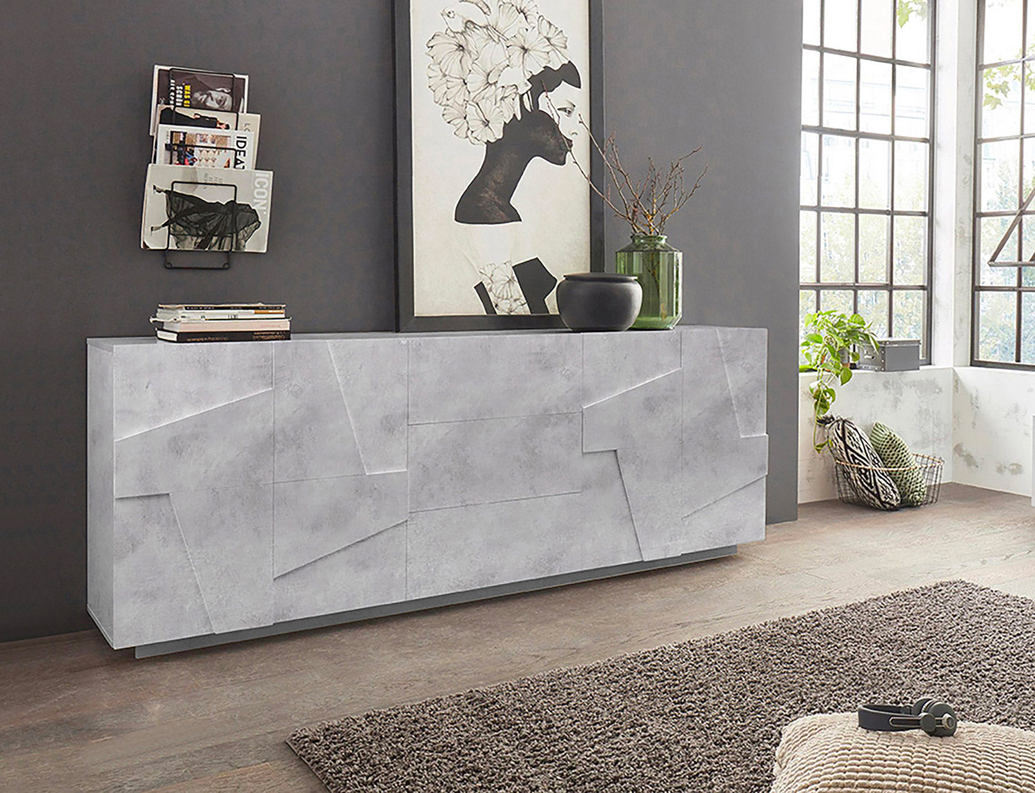 Credenza 4 Ante + 3 Cassetti 224,1x44,2x86 cm Ping Cemento Bronx