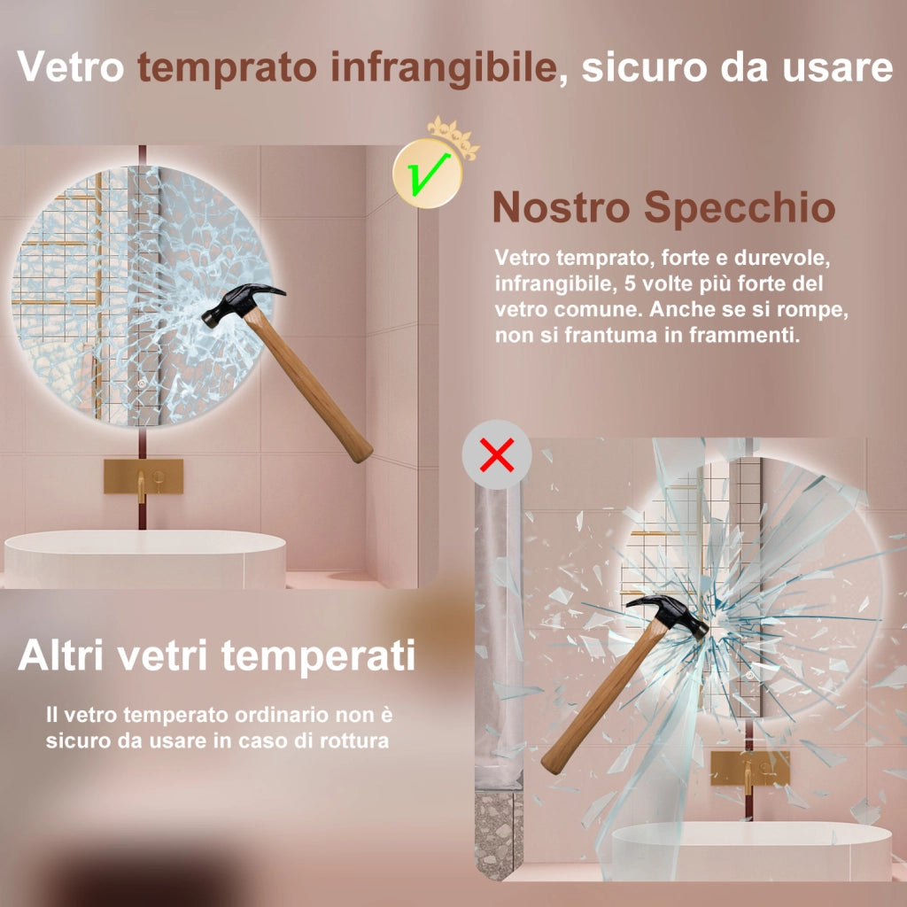 AICA Specchio da bagno 80 x 80 cm, antiappannamento, dimmerabile, interruttore touch, Funzione Memoria