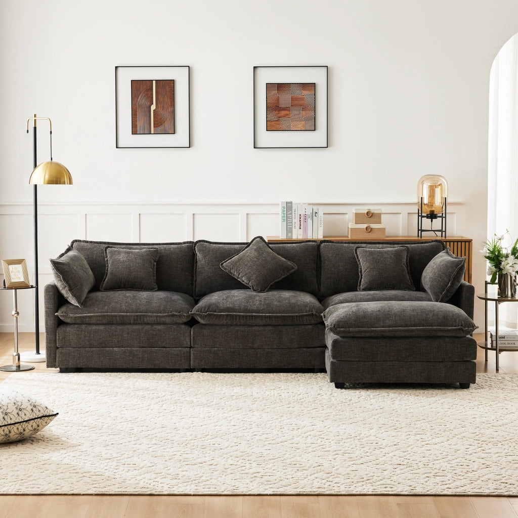 Divano angolare 3 posti con cuscini bracciolo e cuscino lombare, in ciniglia, Grigio scuro