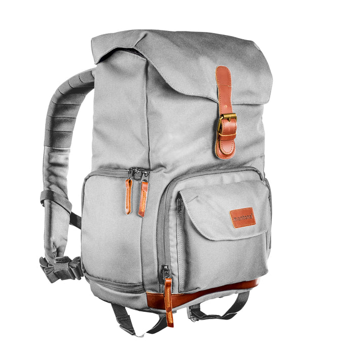 Mantona Luis junior Retro Zaino fotografico grigio, per fotocamera con copertura antipioggia, borsa fotografica con scomparto per laptop, DSLR, 3 obiettivi e accessori fotografici