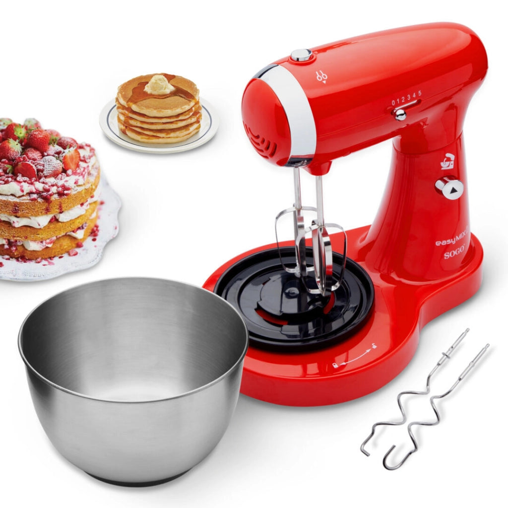 Impastatrice elettrica con ciotola 3,2L in acciaio inox, 5 velocità con fruste e ganci per dolci e impasti rosso - Sogo