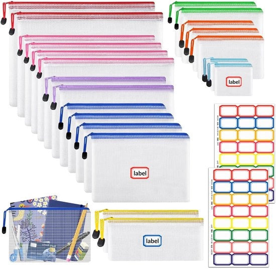 Documenti in plastica 21 pezzi - Documentario A4/A5/A6/B4/B5/B6/B8 - Borsa impermeabile - Chiusura a rullo - Anelli trasparenti - Inclusi 2 adesivi - Documentario borsa