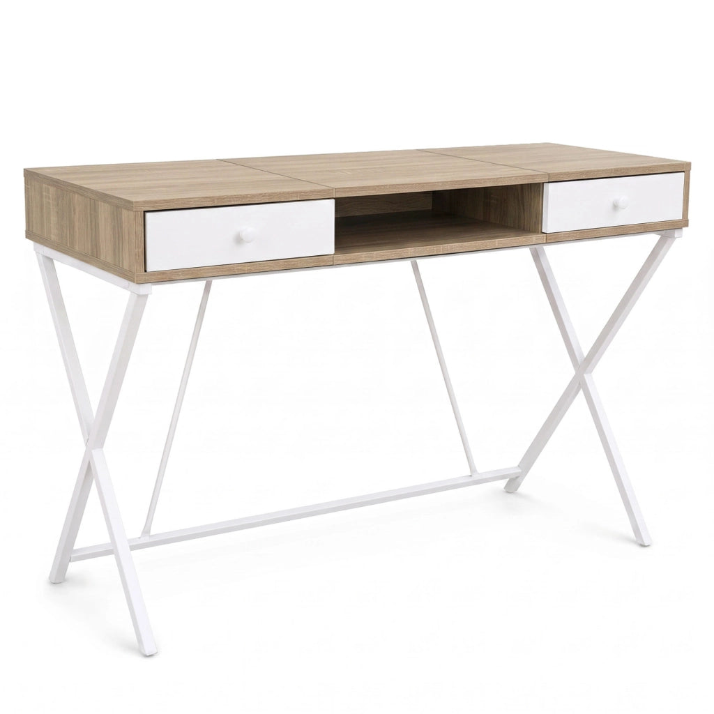 Scrivania PC industriale Rovere Sonoma CROSSLINE 120 cm 2 cassetti 1 ripiano gambe bianche