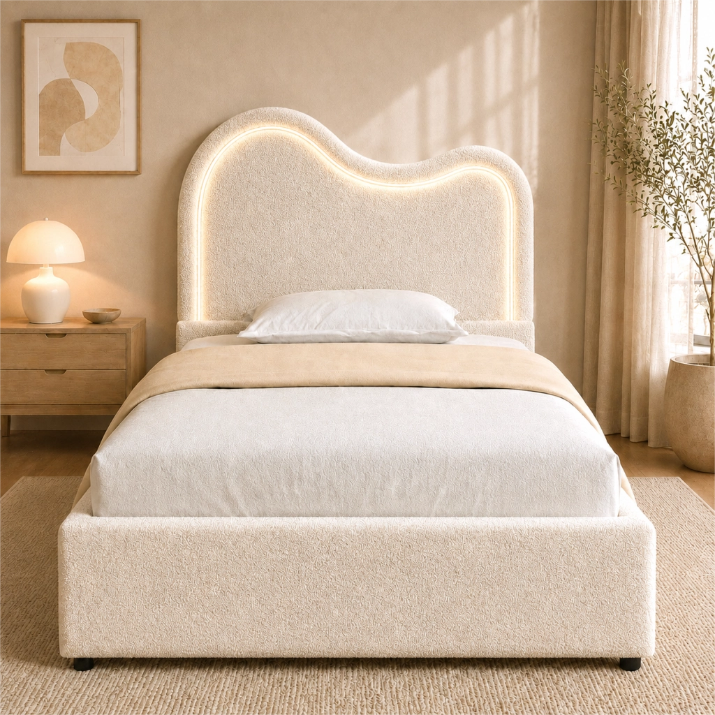 Letto imbottito per bambini con contenitore idraulico, 90x200 cm, bouclé bianco
