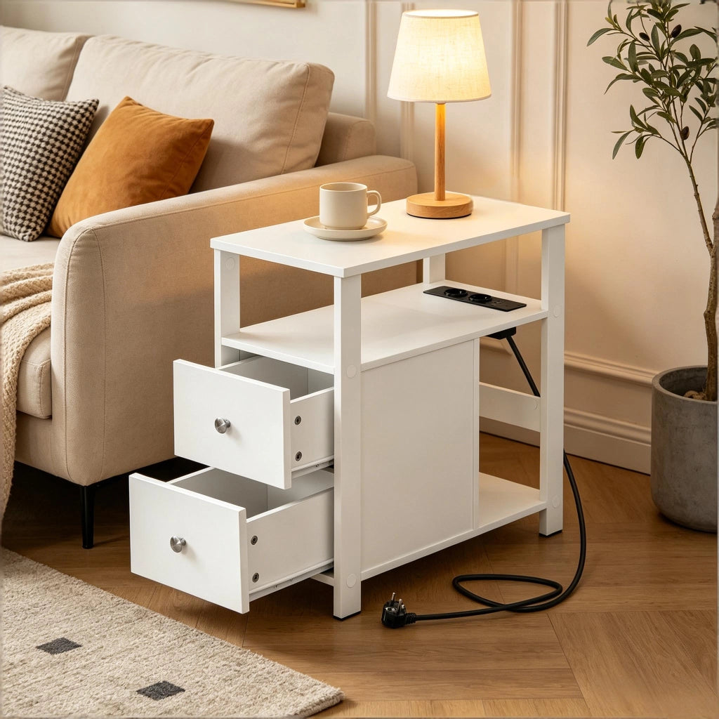 Tavolino 60x60x30 cm con 2 prese AC e 2 porte USB in legno bianco
