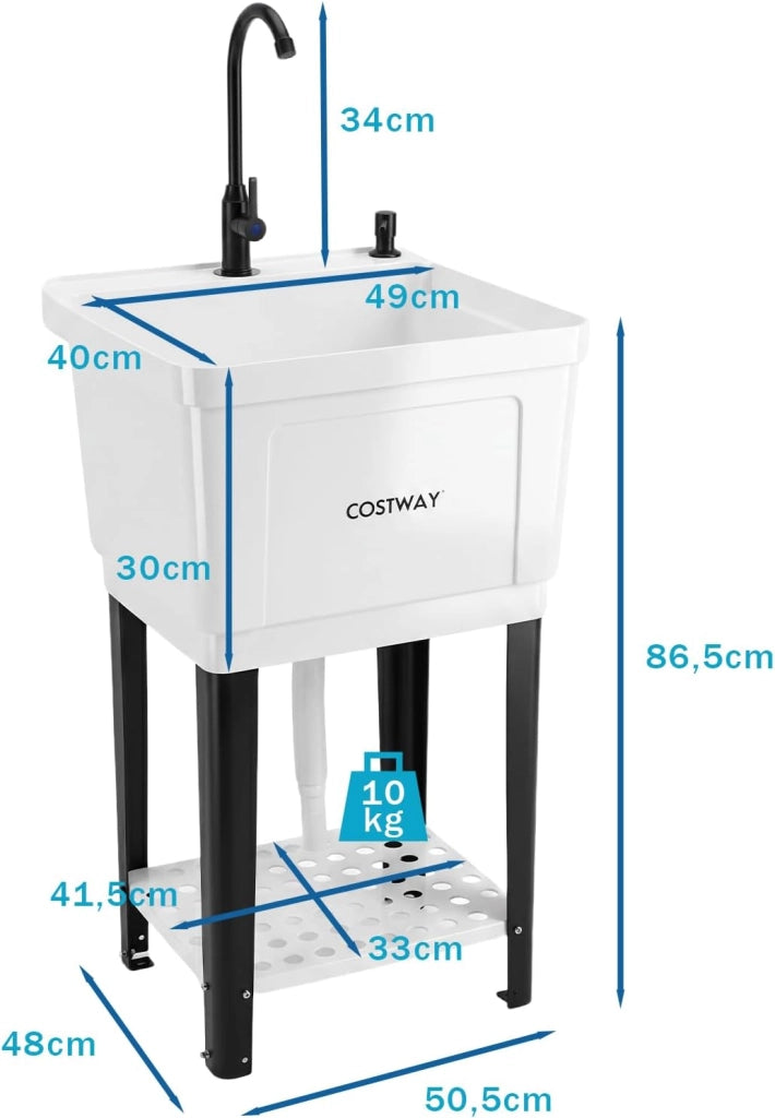Lavandino da Esterno, Lavello Indipendente con Rubinetto Girevole a 360°, Distributore di Sapone, Vassoio di Raccolta e Ripiano Inferiore, Lavello per Giardino, Garage e Lavanderia