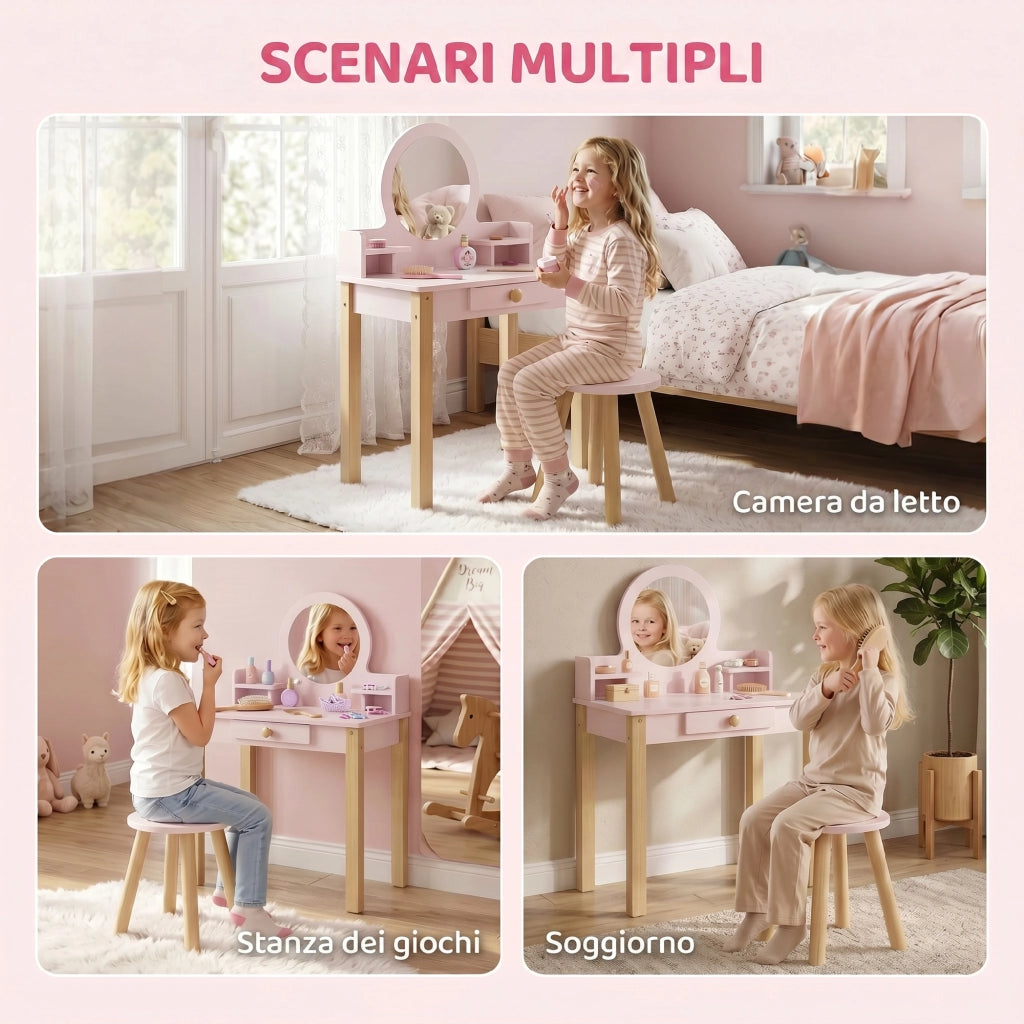 Set Toeletta Trucco Bambina con Sgabello, Specchio e Cassetto in Legno, Et¨¤ 3-6 Anni, Rosa