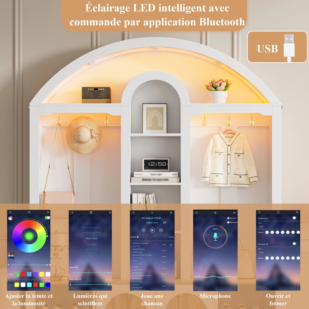 Mobile d'ingresso con 2 Ante; 3 Nicchie e Ganci; con Striscia LED USB; Stile Scandinavo; in MDF; 150??40??195 cm; Bianco