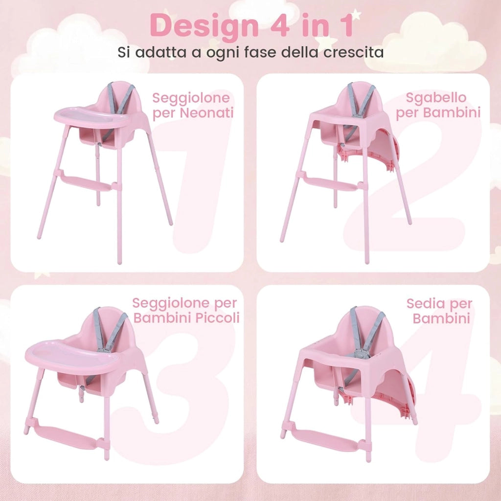 4 in 1 Seggiolone per Bambini, Vassoio Doppio Rimovibile | Cintura di Sicurezza a 5 Punti, Poggiapiedi Reversibile, per Bambini 6-36 Mesi