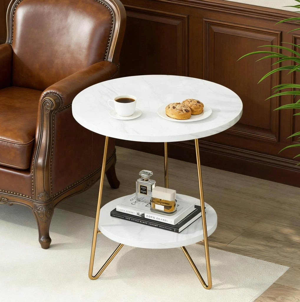 Tavolino rotondo a 2 ripiani bianco e oro, 47 x 47 x 55 cm